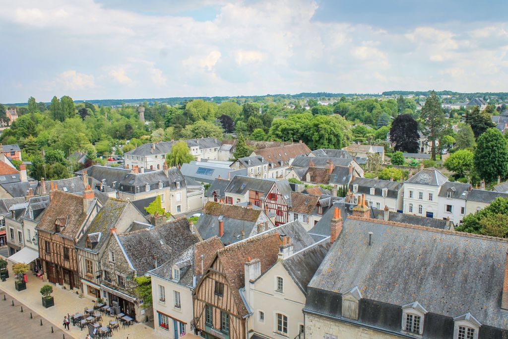 Panorama of a small town in the Loire Valley with traditional stone houses from the region