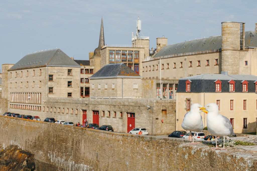 Edificio storico nella città di Rennes, Bretagna, Francia, con architettura in pietra e tetti in ardesia.