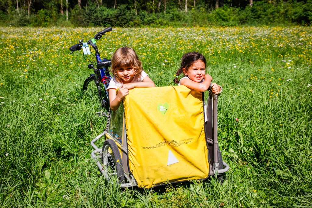 Bambine dentro a un carrellino giallo, prato fiorito, relax, vacanza all'aria aperta, valle del sole, Austria