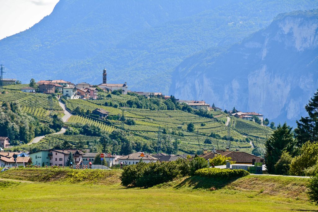 Panorama von Weinbergen und Berglandschaften entlang des Etsch-Radwegs.