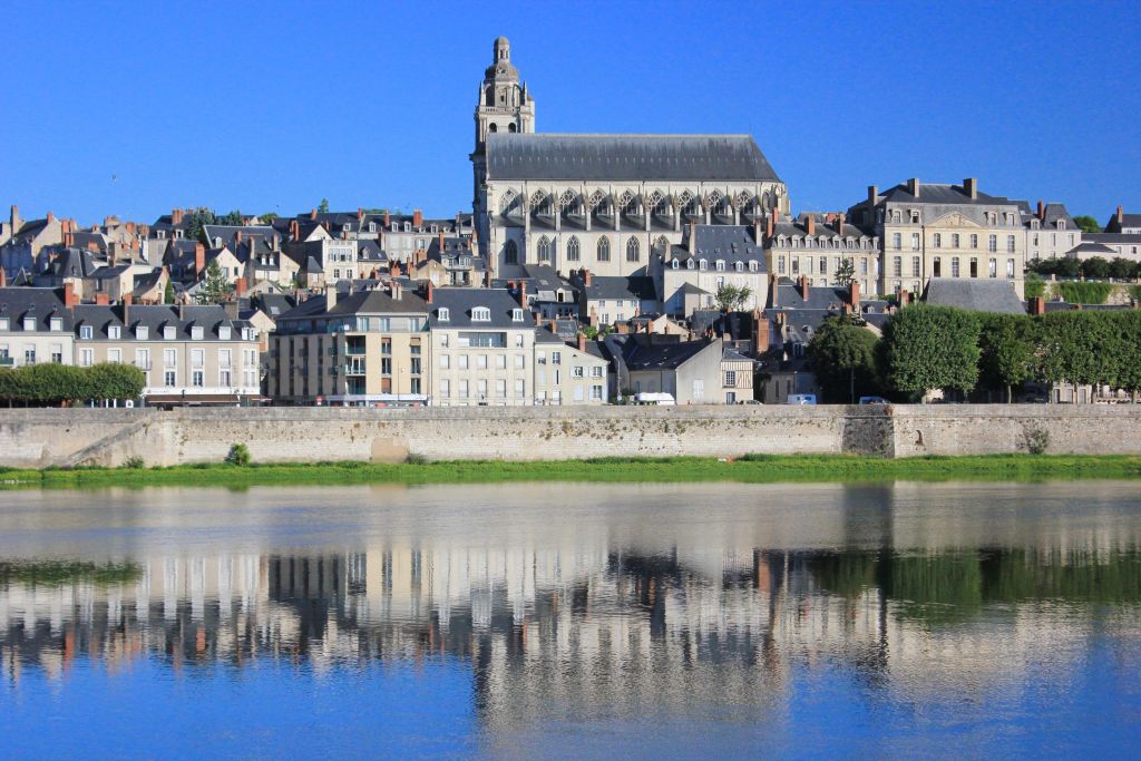 Blick auf den Fluss und das Schloss von Amboise, Loiretal, Frankreich