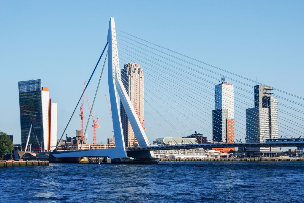 Blick auf die Erasmusbrücke über die Maas in Rotterdam, Niederlande