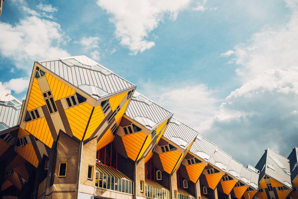 The famous Cube Houses of Rotterdam under a cloudy sky, Netherlands