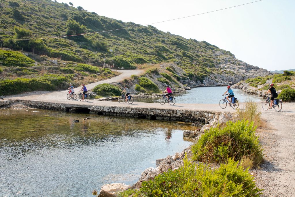 Ciclisti attraversano un paesaggio collinare verdeggiante, viaggio in bici in Grecia