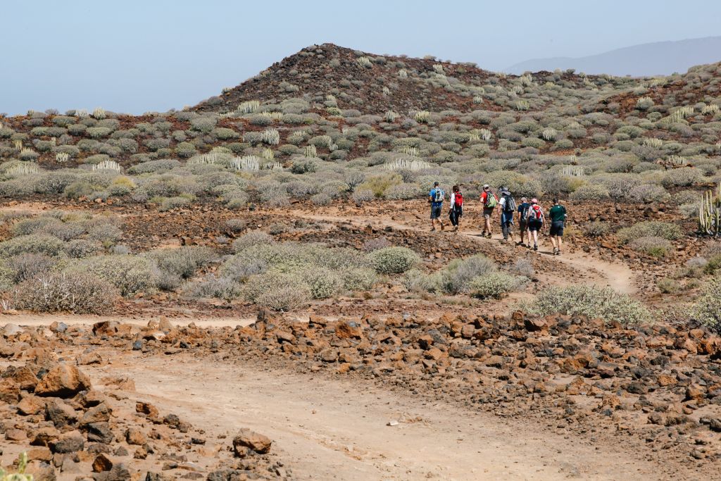 Escursionisti lungo un sentiero con terreno brullo, Tenerife