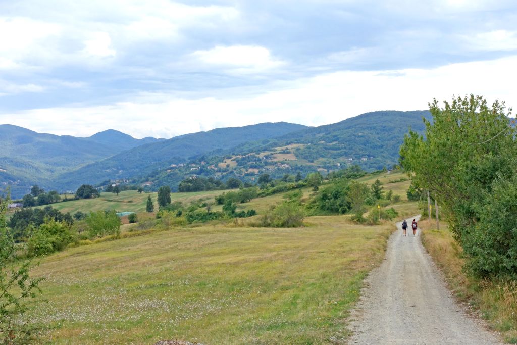 Strada panoramica della Via degli Dei, con colline e cielo aperto.