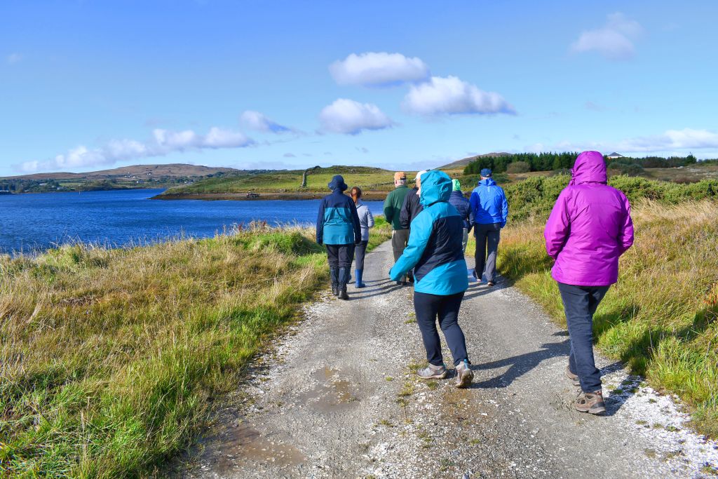 Gruppo di escursionisti che percorre un sentiero costiero con vegetazione verde lungo il Wild Atlantic Way