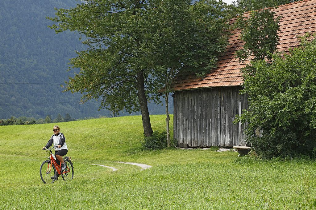 Ciclista su un prato verde passare vicino a una vecchia casa in legno tipica lungo la Ciclabile dei Tauri, Austria.