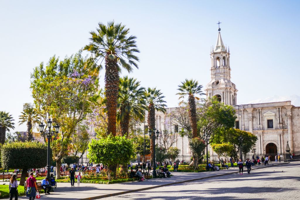Piazza principale di Arequipa con palme e cattedrale, Perù