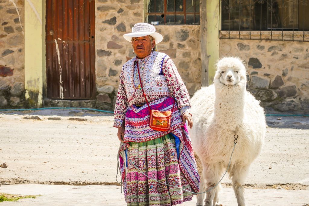 Donna in abiti tradizionali con un lama in un piccolo villaggio peruviano.