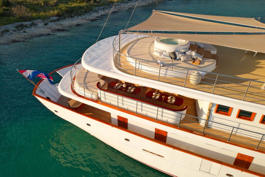 Aerial view of the sun deck of the cruise ship Bellezza on the Croatian coast.