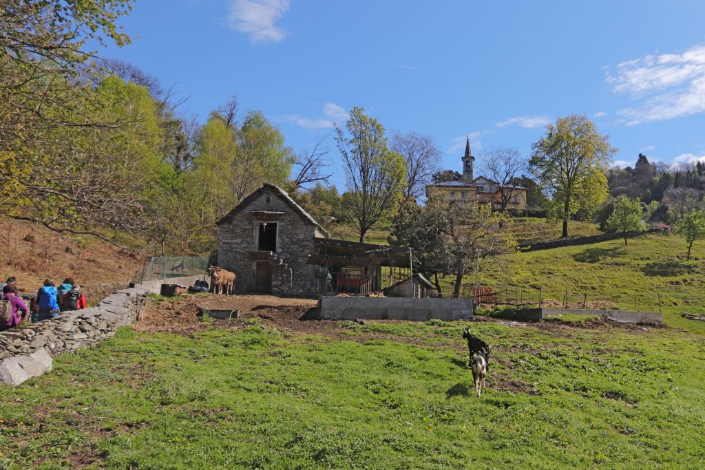 Antichi casali in pietra lungo la Via delle Genti, con escursionisti in vacanza con Girolibero immersi nella natura. Viaggi trekking