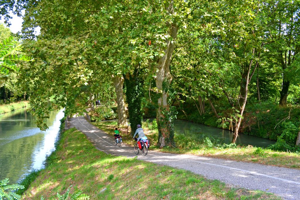 Percorso ciclabile ombreggiato nel verde lungo il canale della Garonna, Francia.