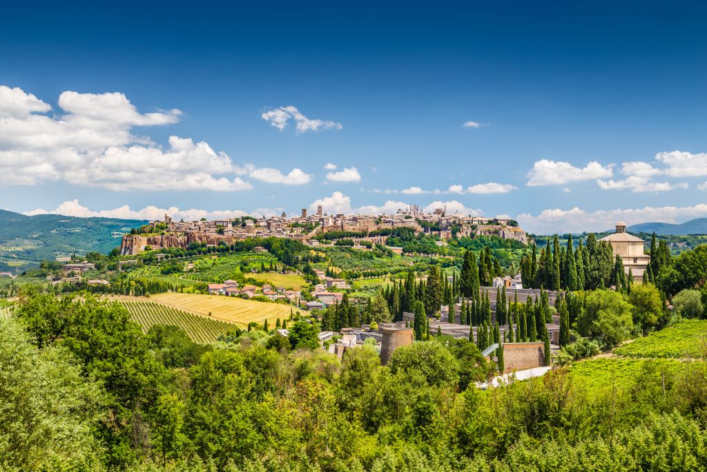 Panorama delle colline del Chianti con vigneti e cipressi, Toscana, Italia.