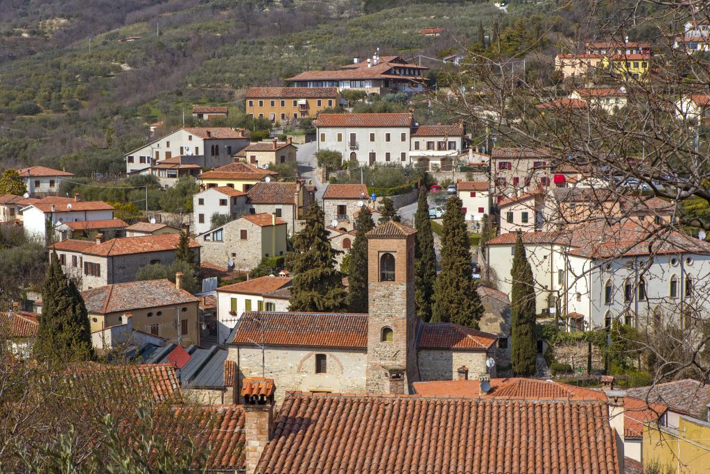 Historic town of Arquá Petrarca with clock tower, Veneto, Italy.