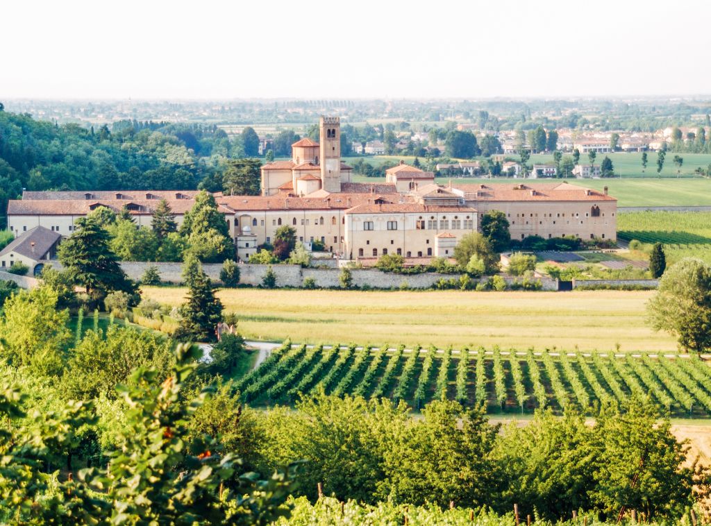 Vista sull'antica Abbazia di Praglia tra i vigneti, perla dei Colli Euganei