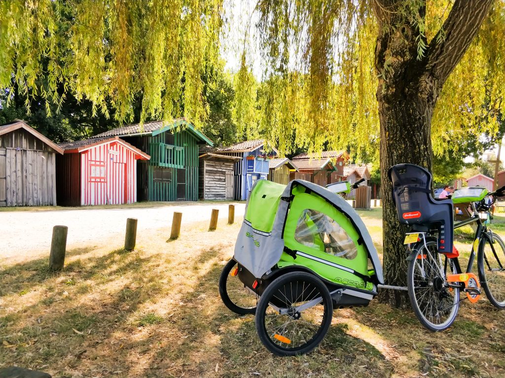Bicicletta con un carretto verde per bambini lungo un sentiero alberato all'interno di un parco.