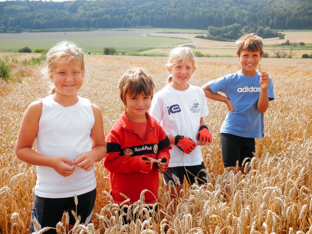 Bambini in un campo di grano, viaggiare in famiglia, vacanze in bicicletta per famiglie, Austria
