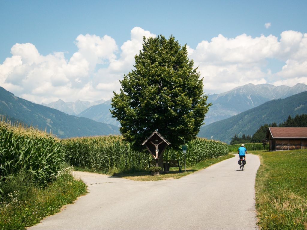 cicloturista in viaggio con "Girolibero", paesaggio verde pianeggiante, sfondo collinare, ciclabile della Drava in Austria