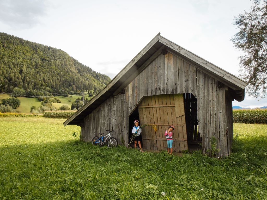 Bambine con caschetto davanti a una casa di legno, bici bimbo, paesaggio verde di montagna, Austria