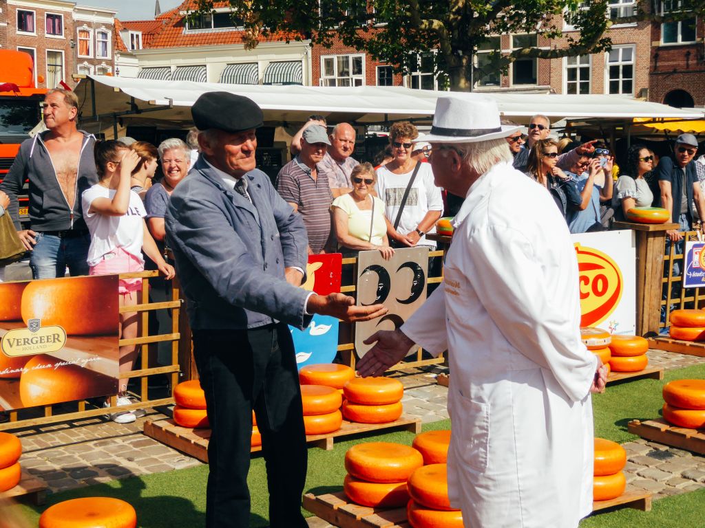Traditional market with stalls of Dutch cheeses in Gouda, Netherlands