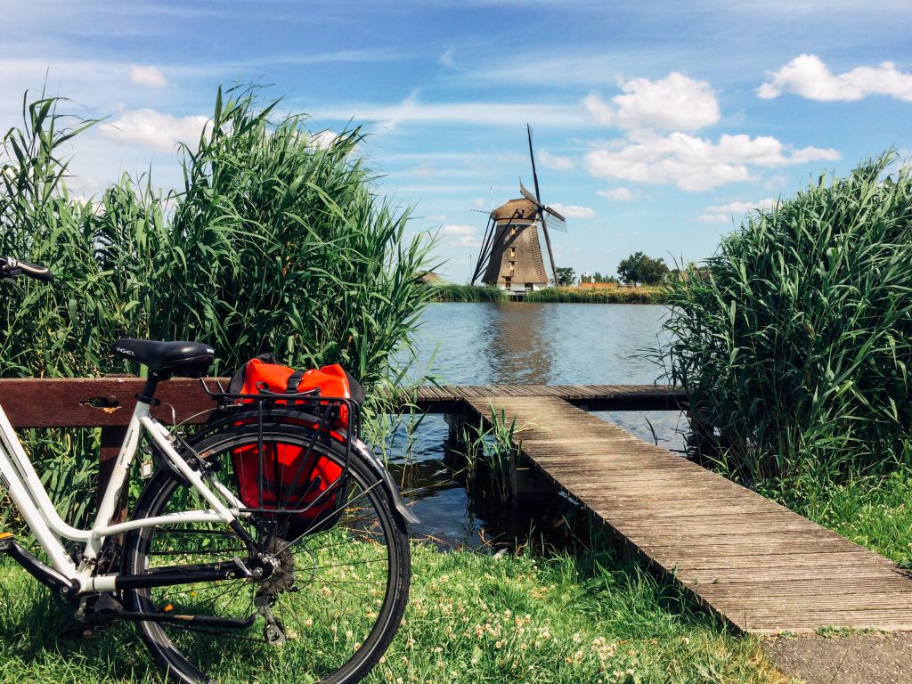 Bike path passing through green fields and windmills, Netherlands