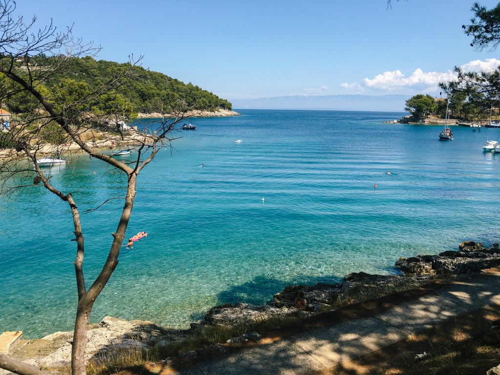 Rocky beach with turquoise waters and trees, Croatian coast.
