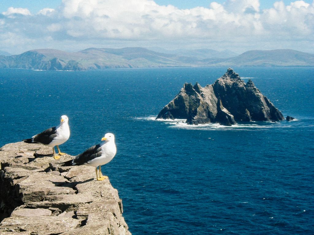 Veduta sullo Skellig Michael con uccelli sulle scogliere con acque blu, sito UNESCO al largo della costa del Kerry, Irlanda.