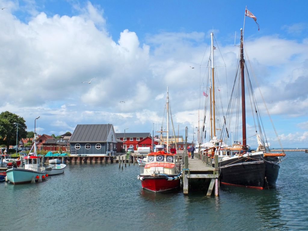 Porto con barche a vela ormeggiate e case colorate, isola di Fyn, Danimarca
