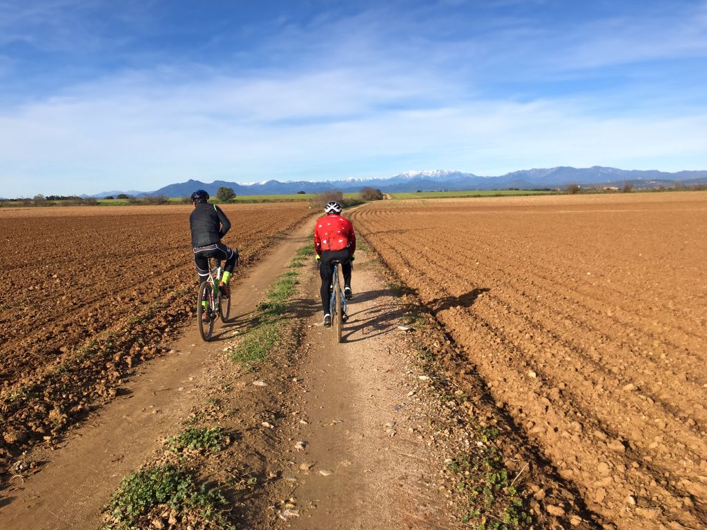 Ciclisti su una strada di campagna con campi arati nella Catalogna, viaggi in bici "Girolibero", Spagna.