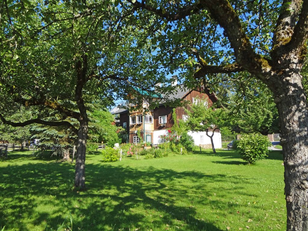 Giardino di una baita tradizionale nel Salzkammergut, Austria, con alberi e prato verde.