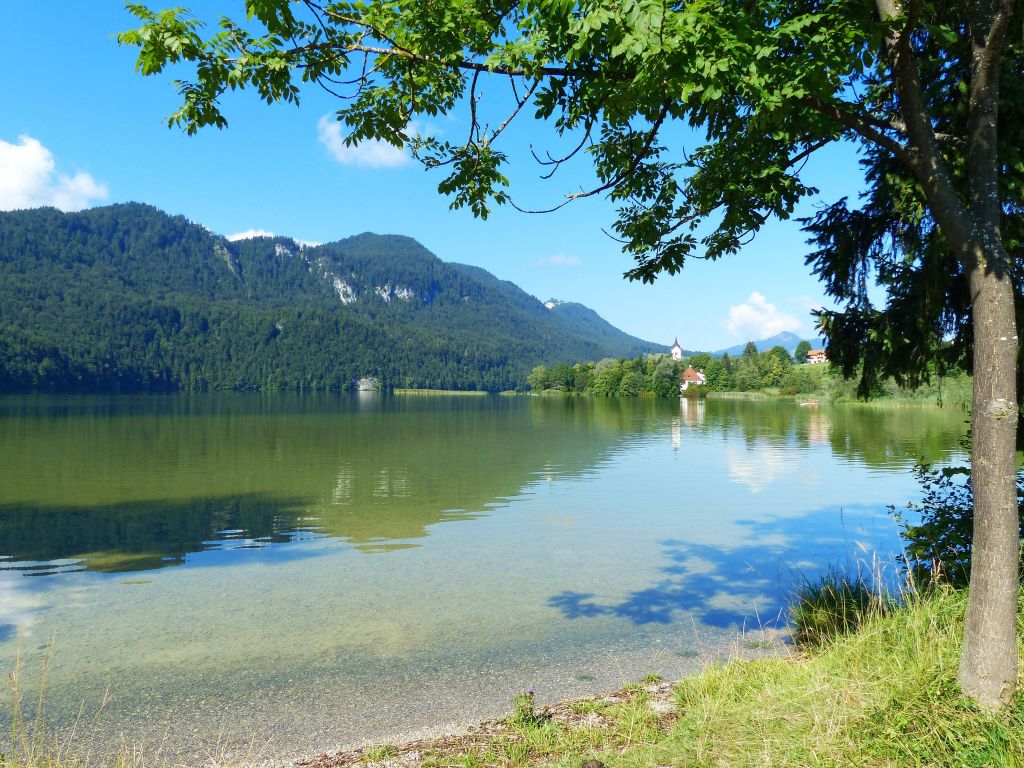 Veduta del lago di Ossiach attraverso alberi, circondato da montagne e natura rigogliosa.