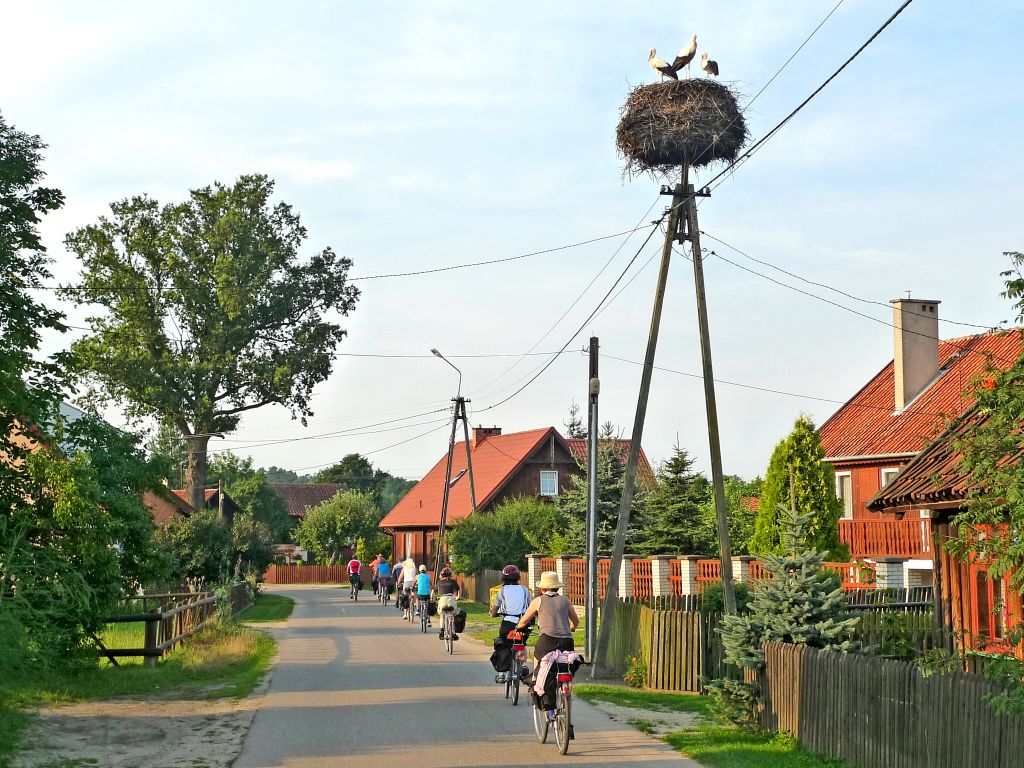 Ciclisti pedalano lungo la strada di villaggio tradizionale, Polonia.