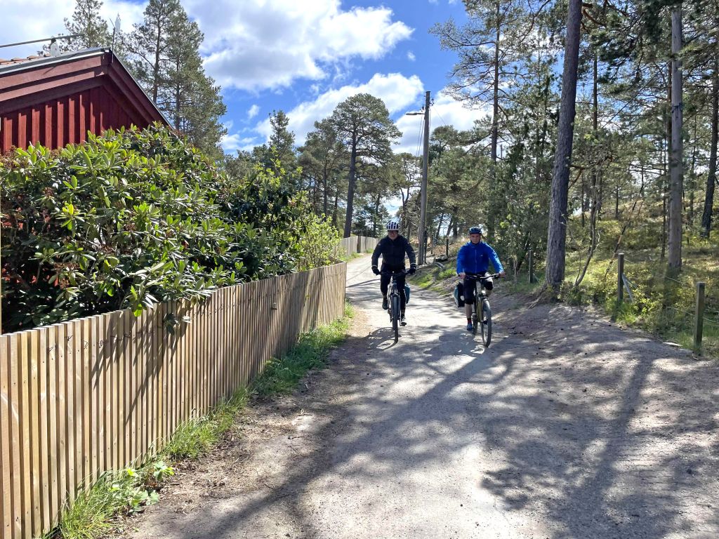 Ciclisti lungo una pista ciclabile in un quartiere verde della Svezia.