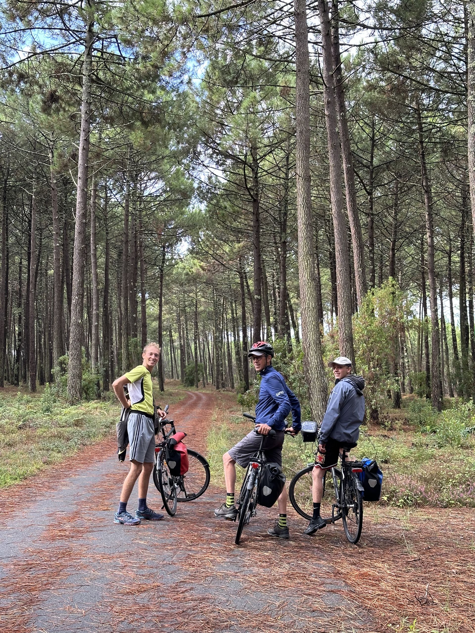 Gruppo di ciclisti su pista sterrata nella pineta lungo la Vélodyssée, costa atlantica francese