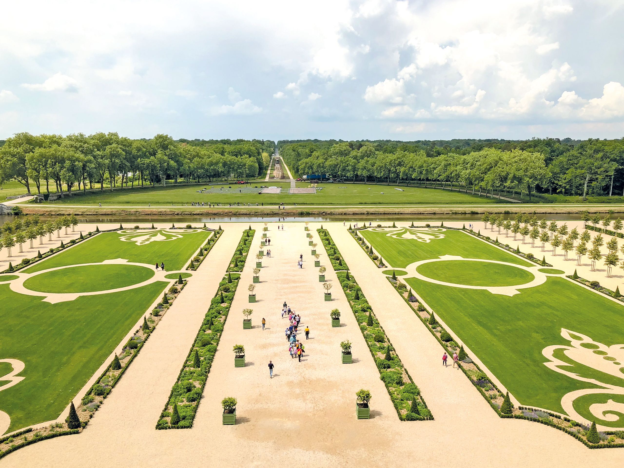 Ornate garden paths leading to a castle in the Loire Valley.