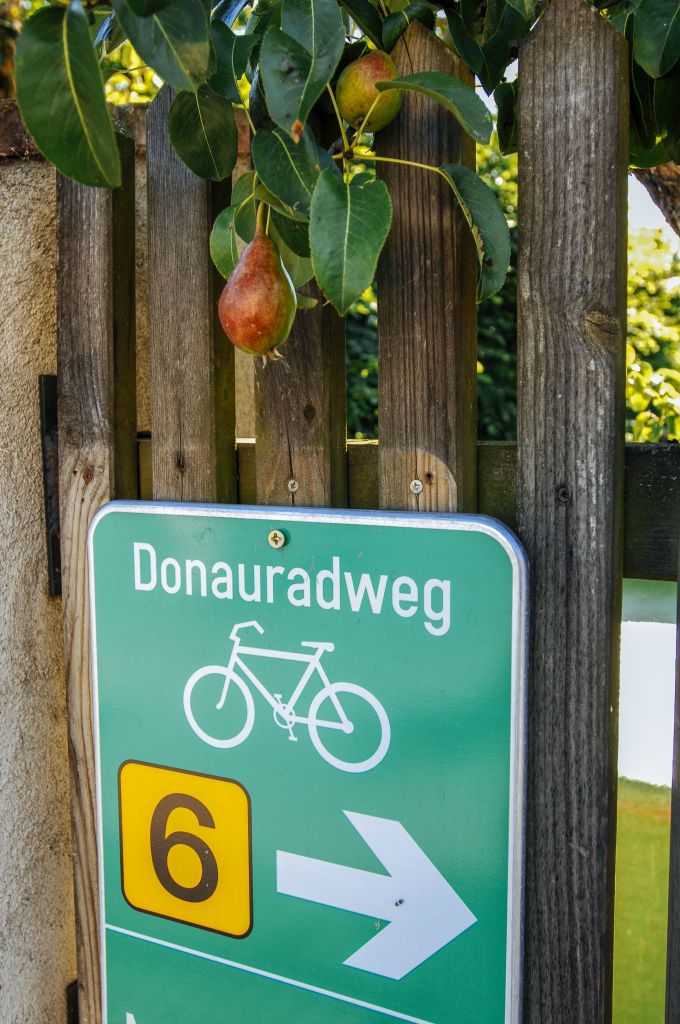 Green “Donauradweg 6” way‑finding sign pointing the EuroVelo 6 direction along the Danube River