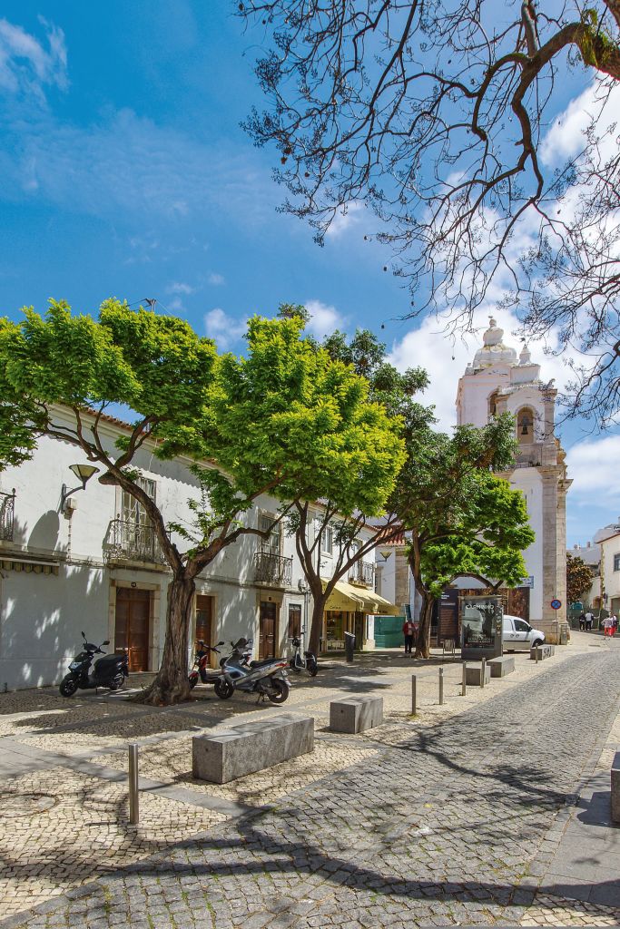 Strada alberata con edifico religioso bianco tradizionale a Tavira, Algarve, Portogallo