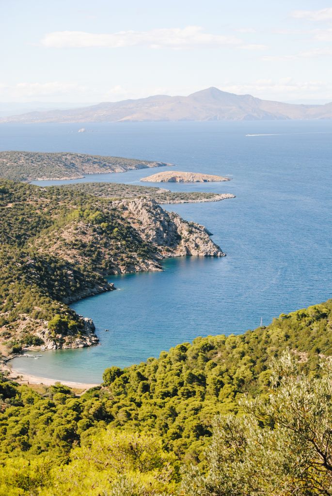 Panoramic view of the coastline on Aegina Island, Greece.