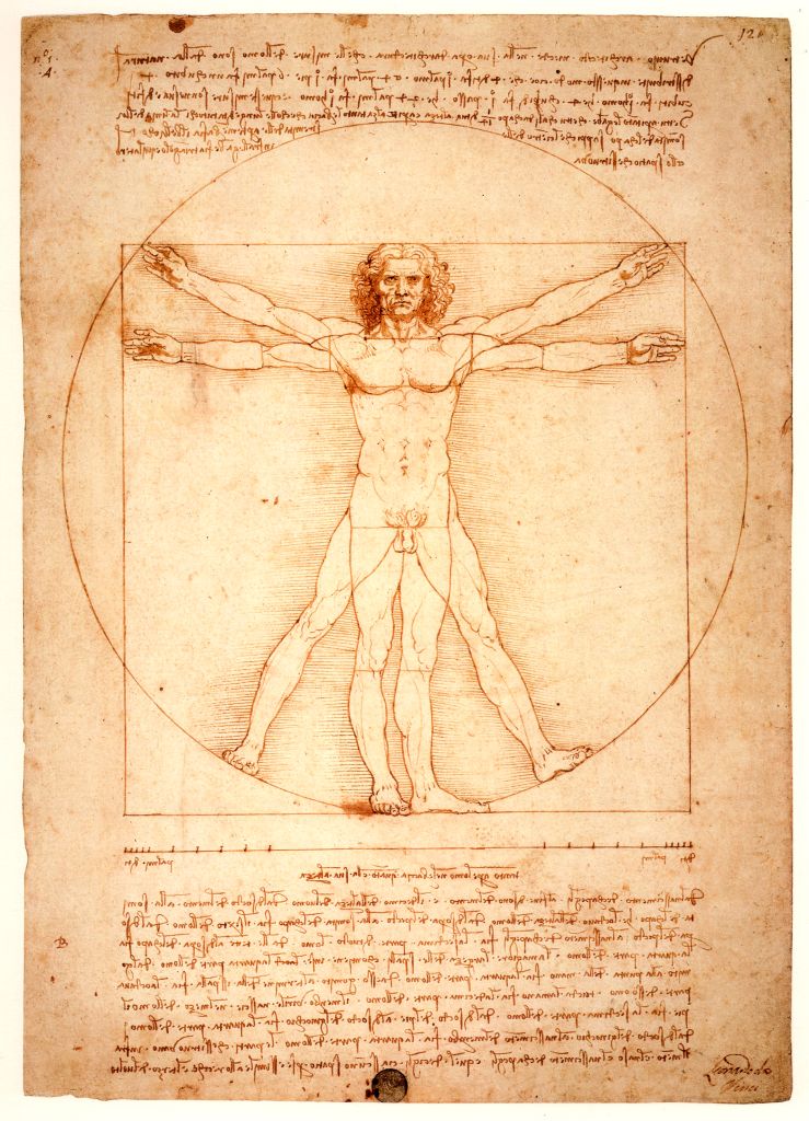 Disegno dell'Uomo Vitruviano di Leonardo da Vinci, un capolavoro rinascimentale simbolo di perfezione e proporzione, Italia.