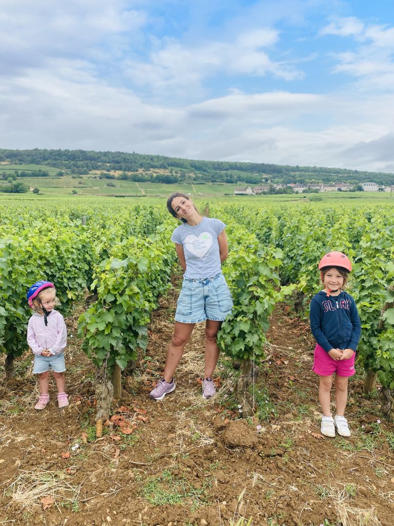 Famiglia che esplora un vigneto nella regione della Borgogna, Francia.