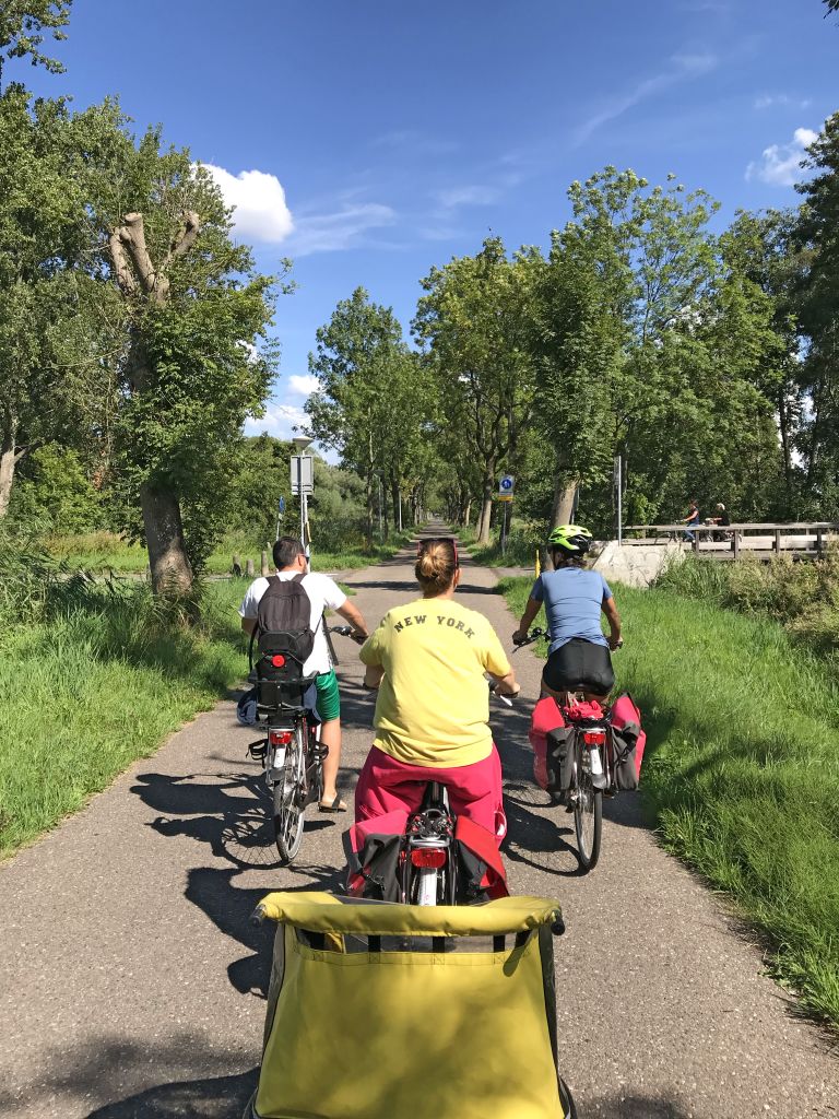 Gruppo di ciclisti su un percorso ciclabile in mezzo al verde in Olanda.