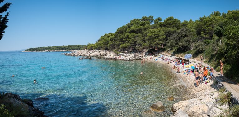 Felsiger Strand mit klarem Wasser und grünem Kiefernwald, Kvarner-Bucht.