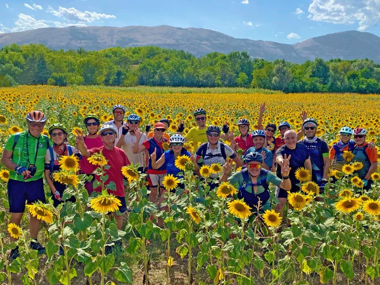 Un gruppo di ciclisti in un campo di girasoli in Toscana, Italia, durante un tour in bicicletta con Girolibero..