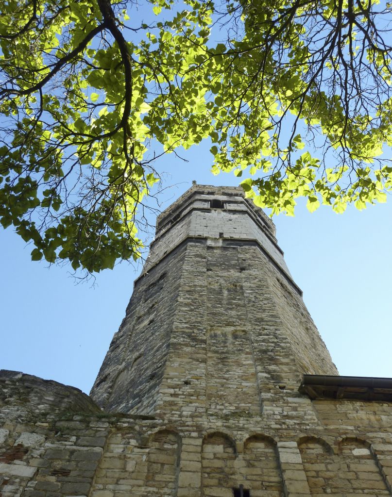 Campanile in pietra visto dal basso con alberi sullo sfondo, Borgogna, Francia