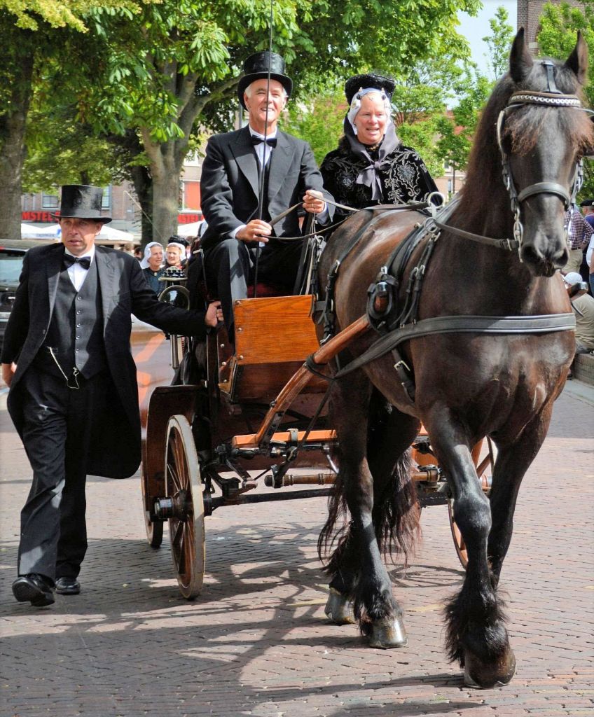 Carrozza trainata da cavalli durante una rievocazione storica nei Paesi Bassi.