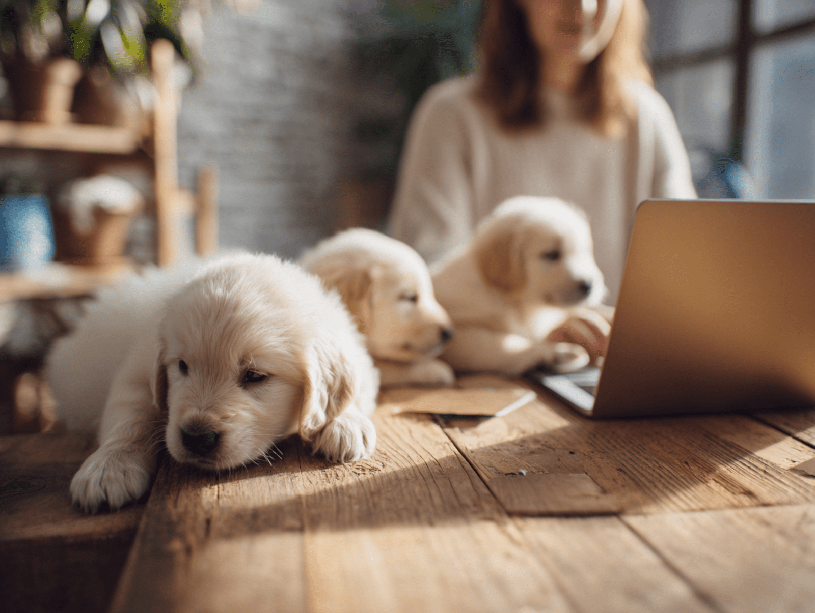 Puppies next to a Macbook