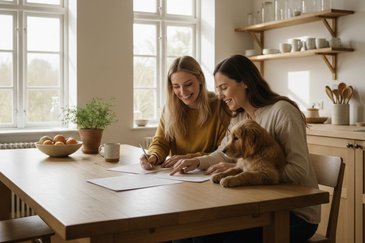 Picture of a dogowner and a buyer signing papers