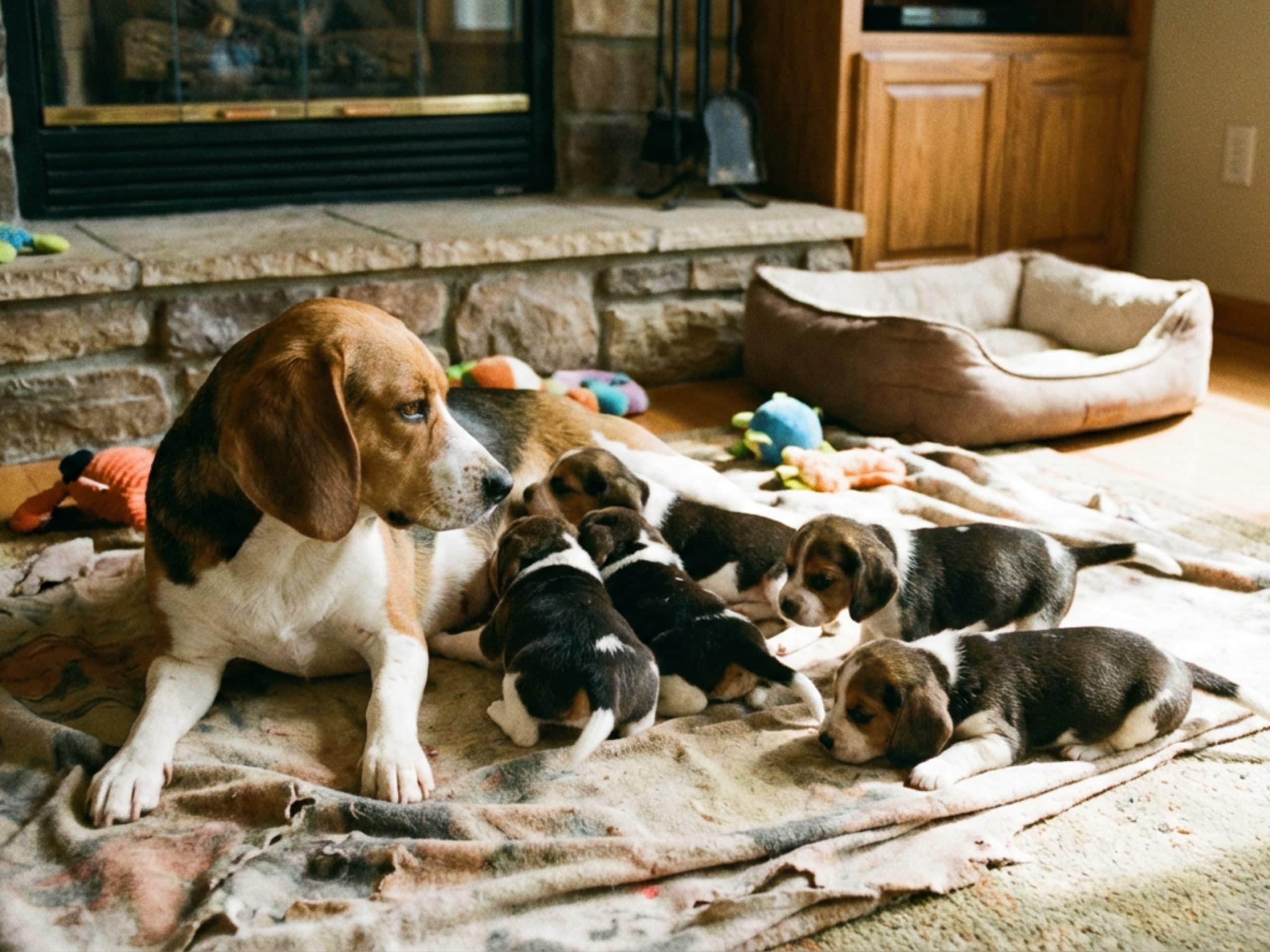 Mother Dog Lying With Her Puppies