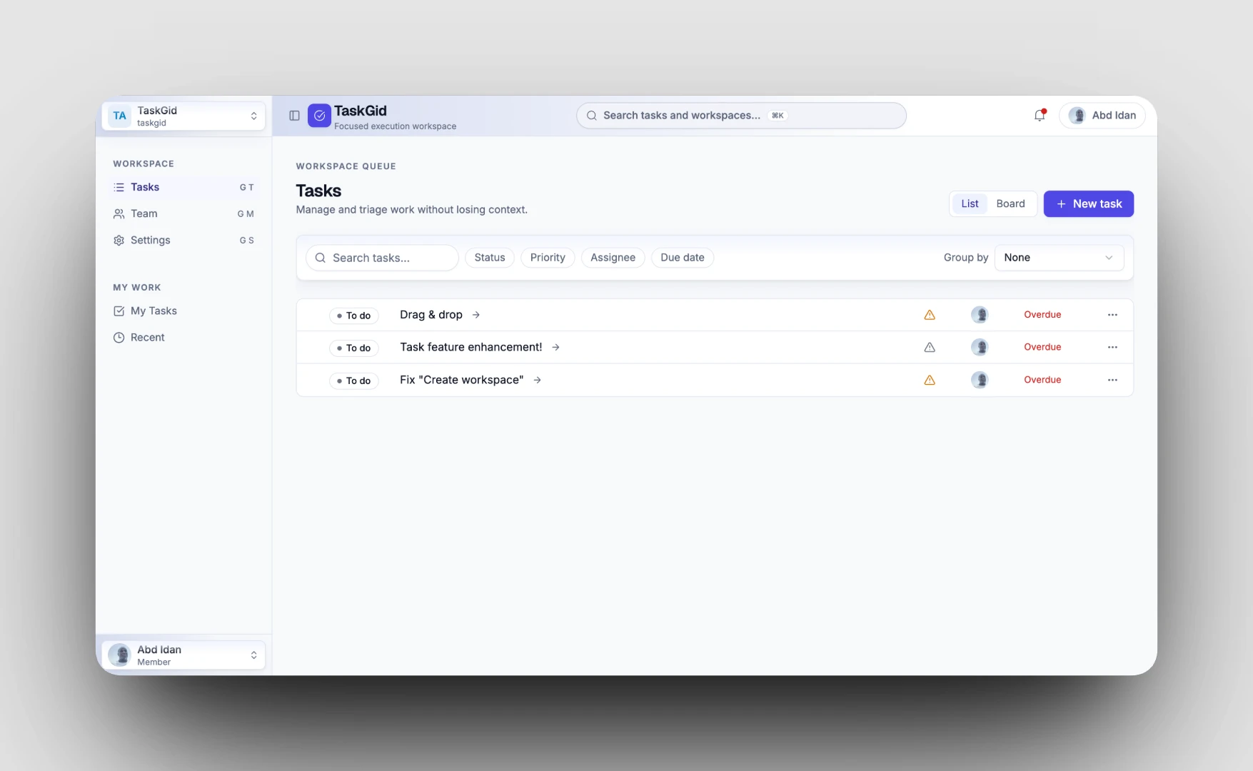 Taskgid workspace overview